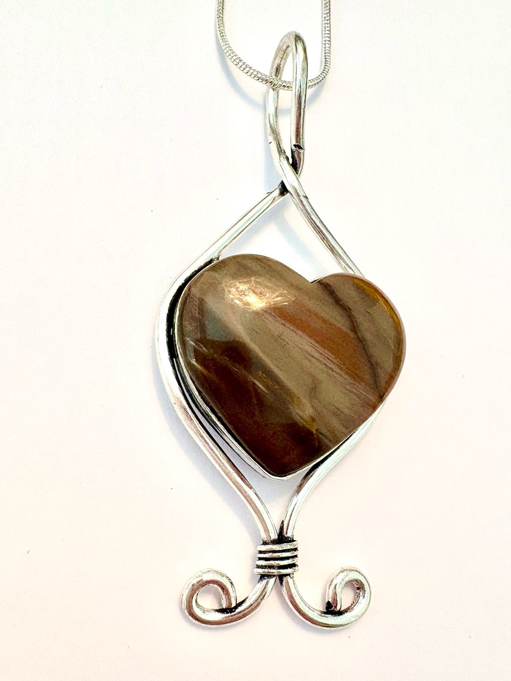 3 inch, 925 marked, heart shaped Jasper pendant, on a silver chain